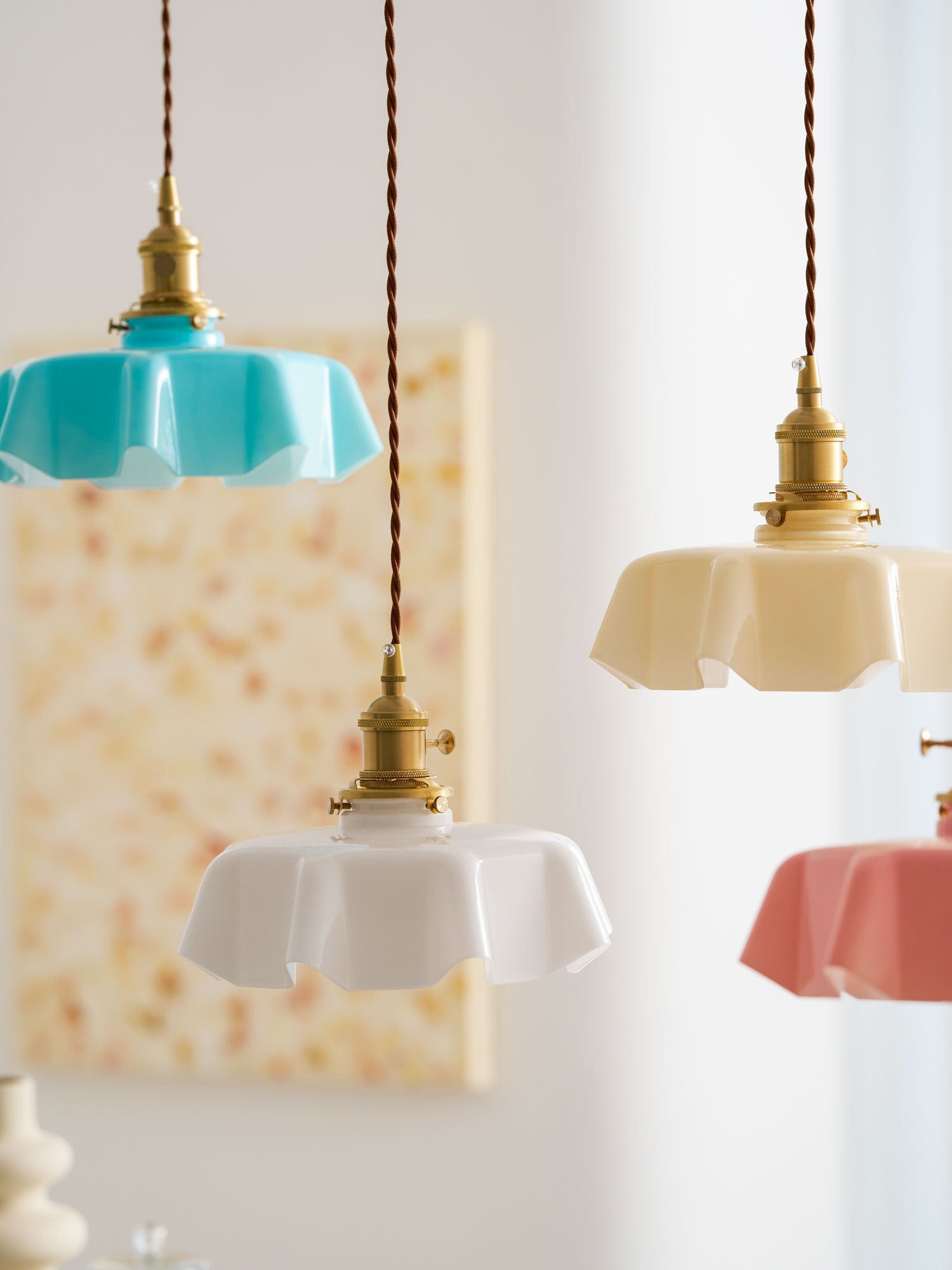 French Flower Pendant Light, Pleated Glass Shade, Brass, E27