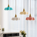 French Flower Pendant Light, Pleated Glass Shade, Brass, E27