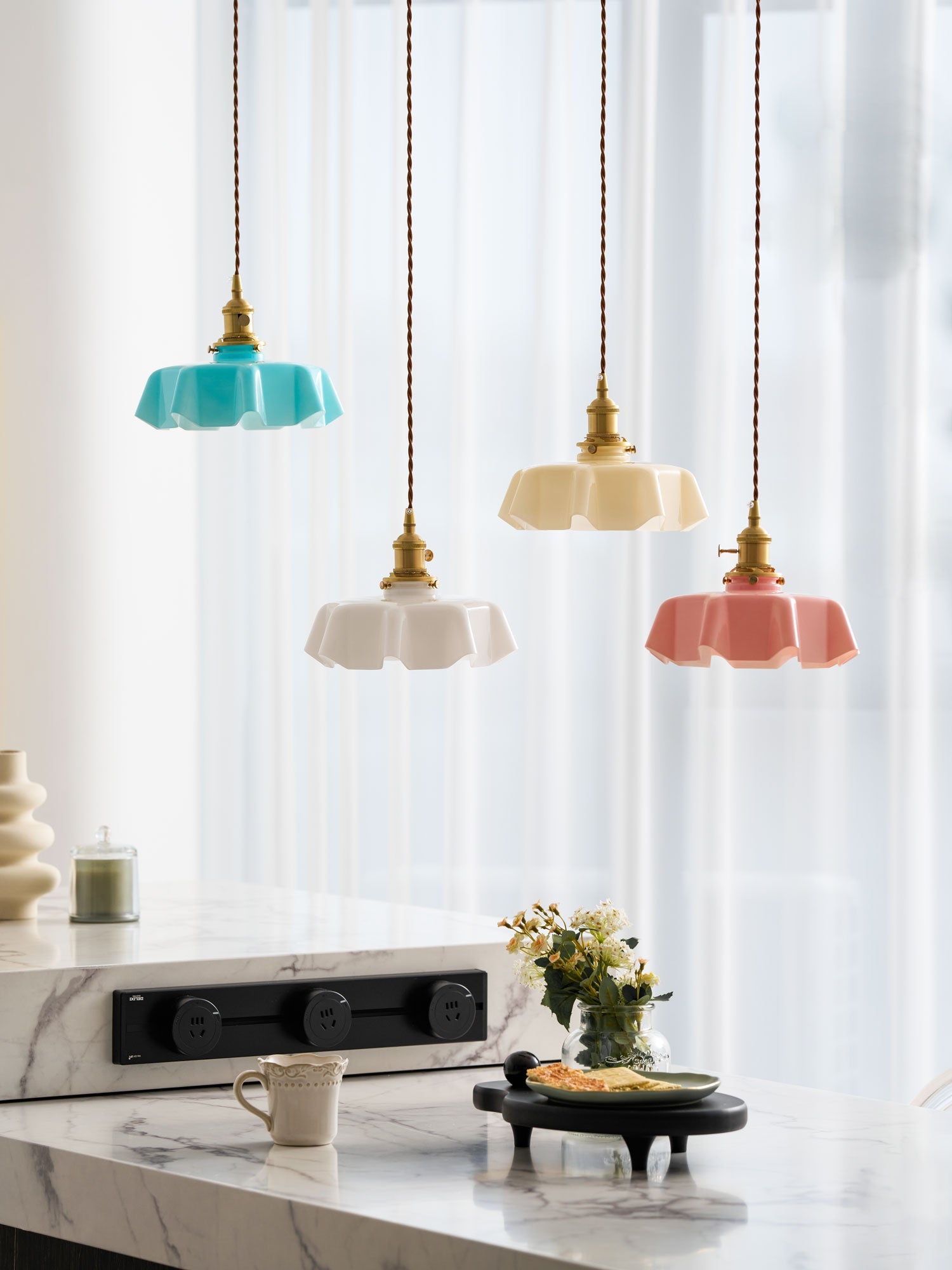 French Flower Pendant Light, Pleated Glass Shade, Brass, E27