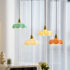 French Flower Pendant Light, Pleated Glass Shade, Brass, E27