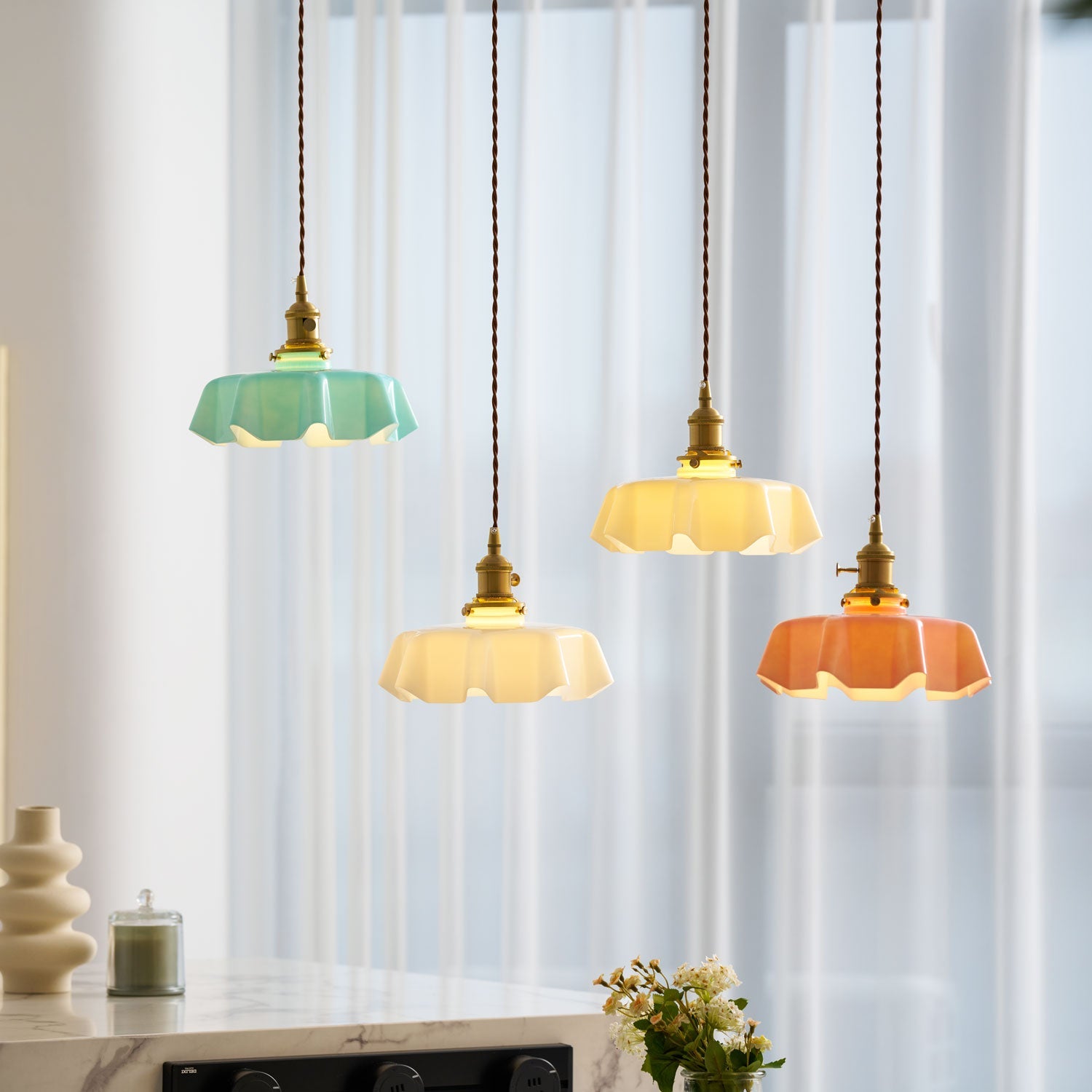 French Flower Pendant Light, Pleated Glass Shade, Brass, E27