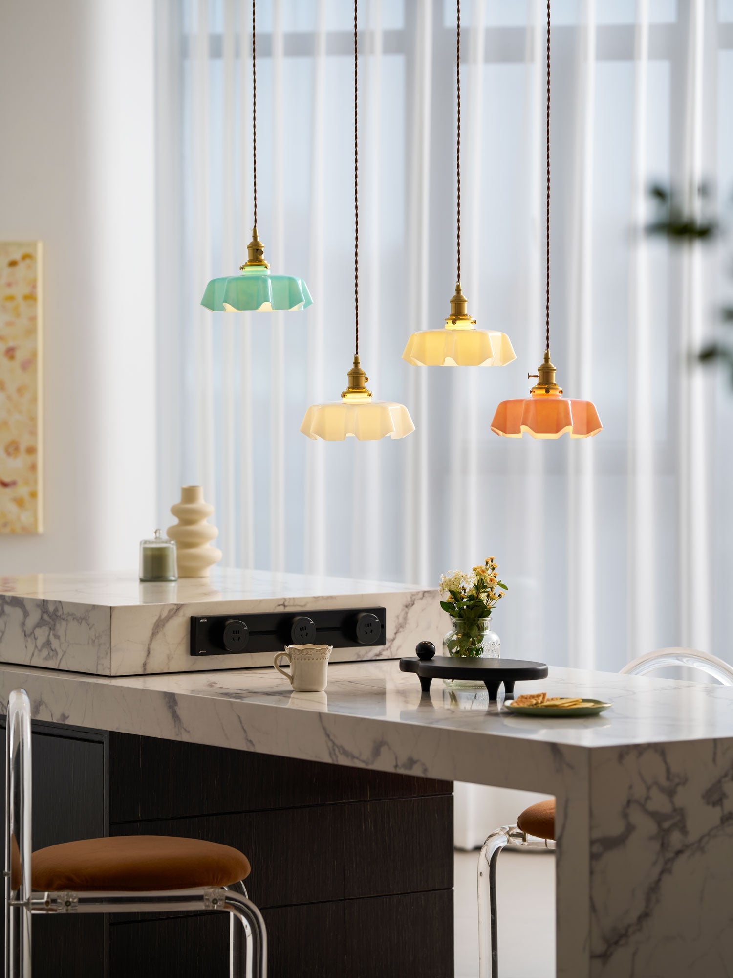 French Flower Pendant Light, Pleated Glass Shade, Brass, E27