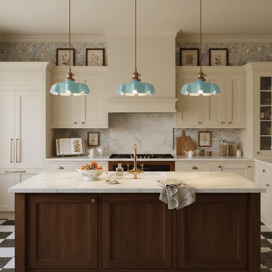 Pleated glass pendant light with brass body on a plain backdrop