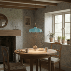 French Flower pendant light with blue pleated glass shade