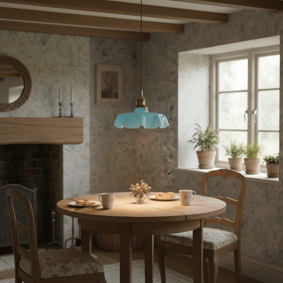 French Flower pendant light with blue pleated glass shade