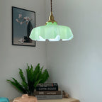 French Flower Pendant Light, Pleated Glass Shade, Brass, E27
