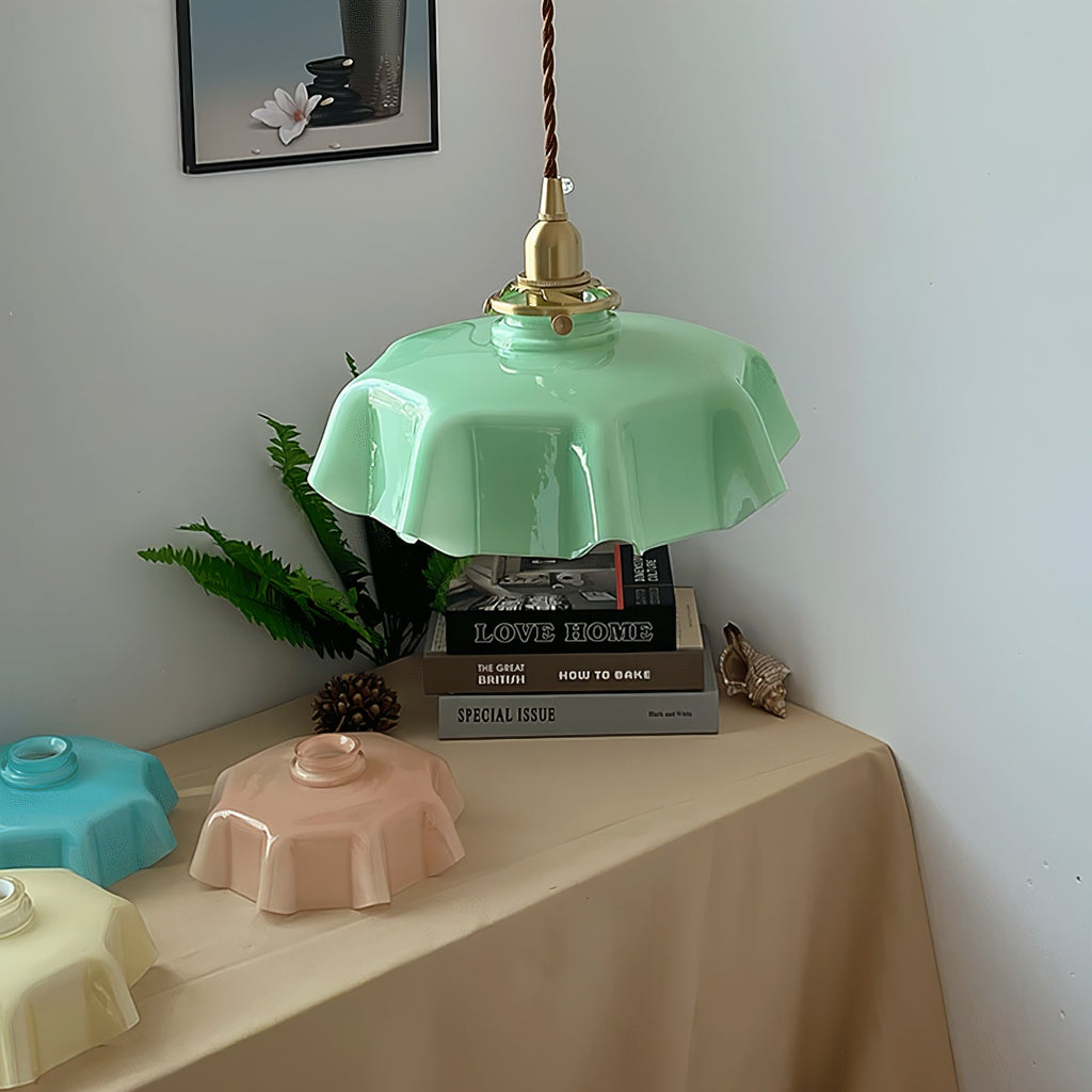French Flower Pendant Light, Pleated Glass Shade, Brass, E27