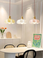 French Flower Pendant Light, Pleated Glass Shade, Brass, E27