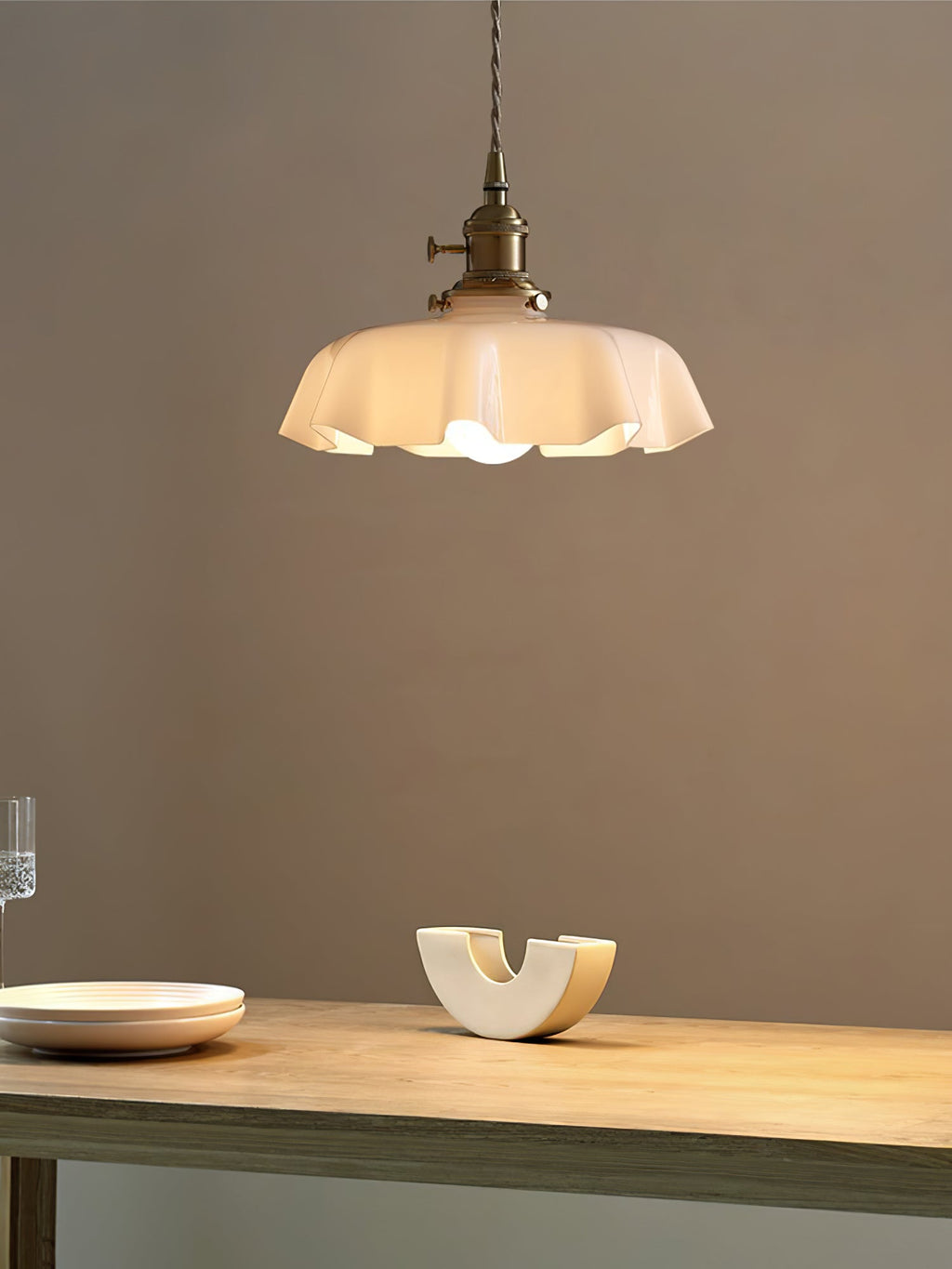 French Flower Pendant Light, Pleated Glass Shade, Brass, E27