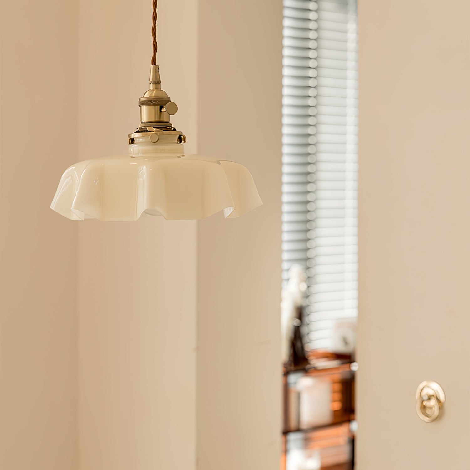 French Flower Pendant Light, Pleated Glass Shade, Brass, E27