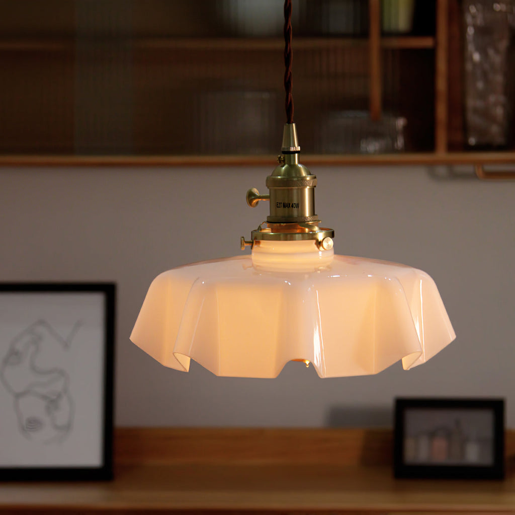 French Flower Pendant Light, Pleated Glass Shade, Brass, E27
