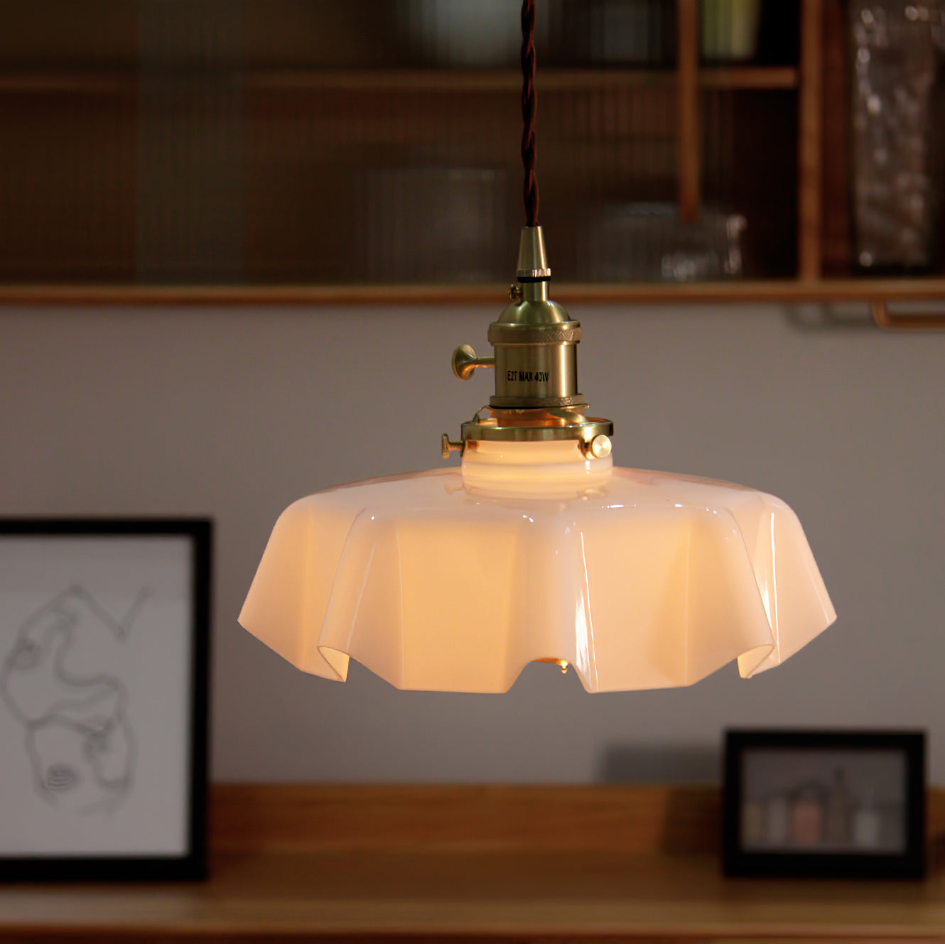 French Flower Pendant Light, Pleated Glass Shade, Brass, E27