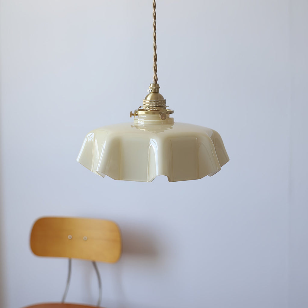 French Flower Pendant Light, Pleated Glass Shade, Brass, E27