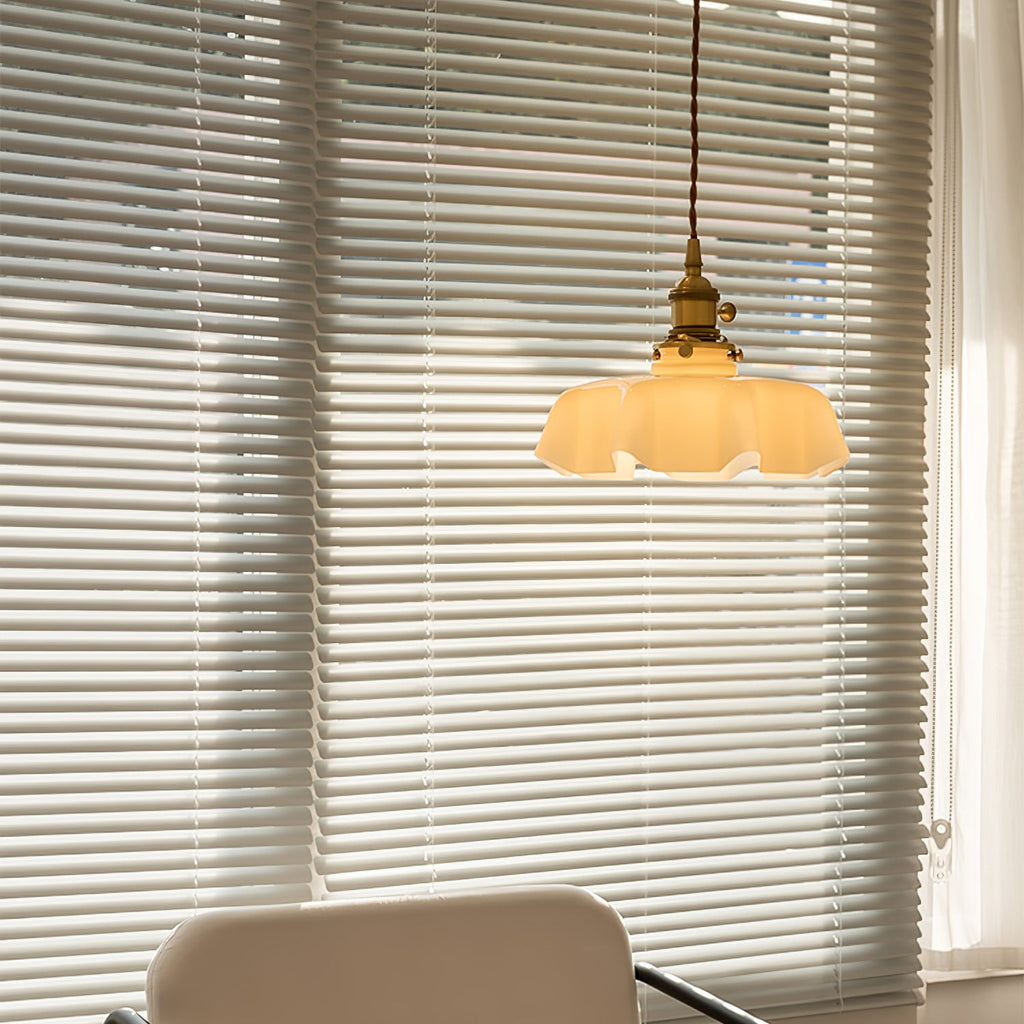 French Flower Pendant Light, Pleated Glass Shade, Brass, E27