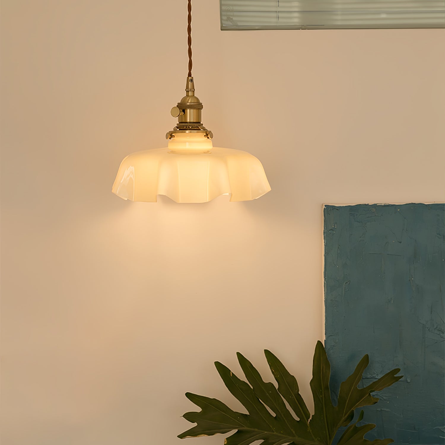 French Flower Pendant Light, Pleated Glass Shade, Brass, E27
