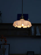 French Flower Pendant Light, Pleated Glass Shade, Brass, E27