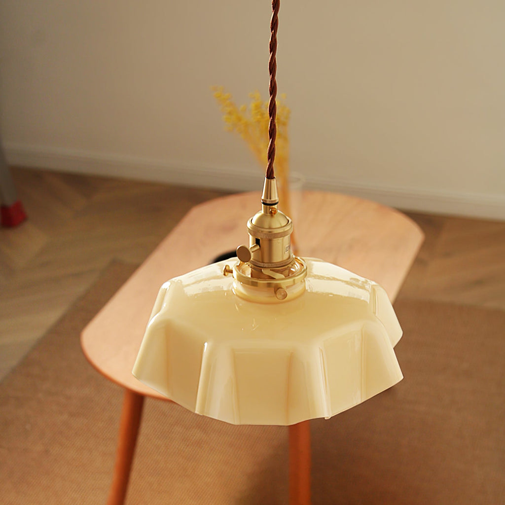 French Flower pendant light with brass body and pleated shade