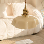 French Flower Pendant Light, Pleated Glass Shade, Brass, E27