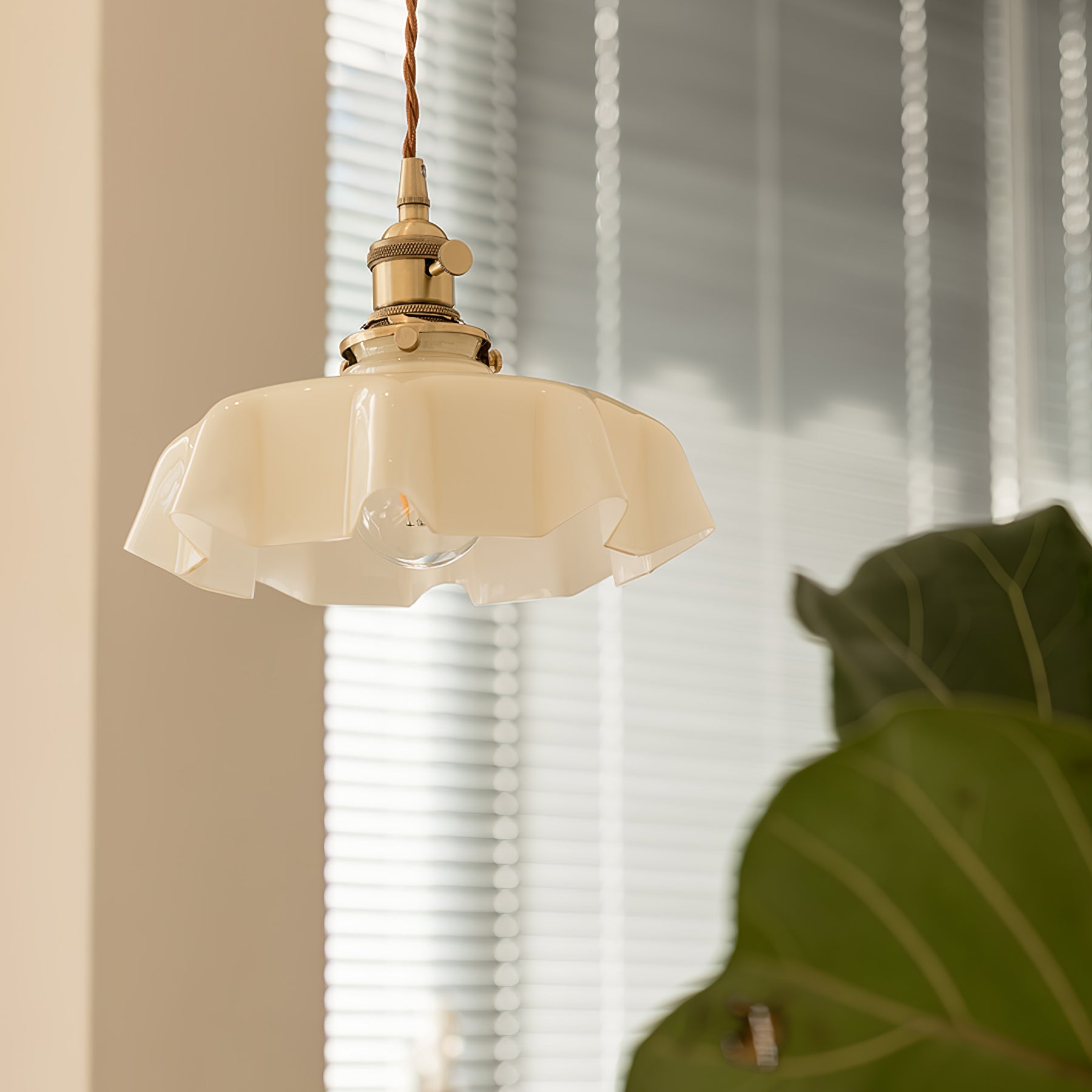 French Flower Pendant Light, Pleated Glass Shade, Brass, E27