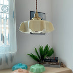 French Flower Pendant Light, Pleated Glass Shade, Brass, E27