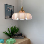 French Flower Pendant Light, Pleated Glass Shade, Brass, E27