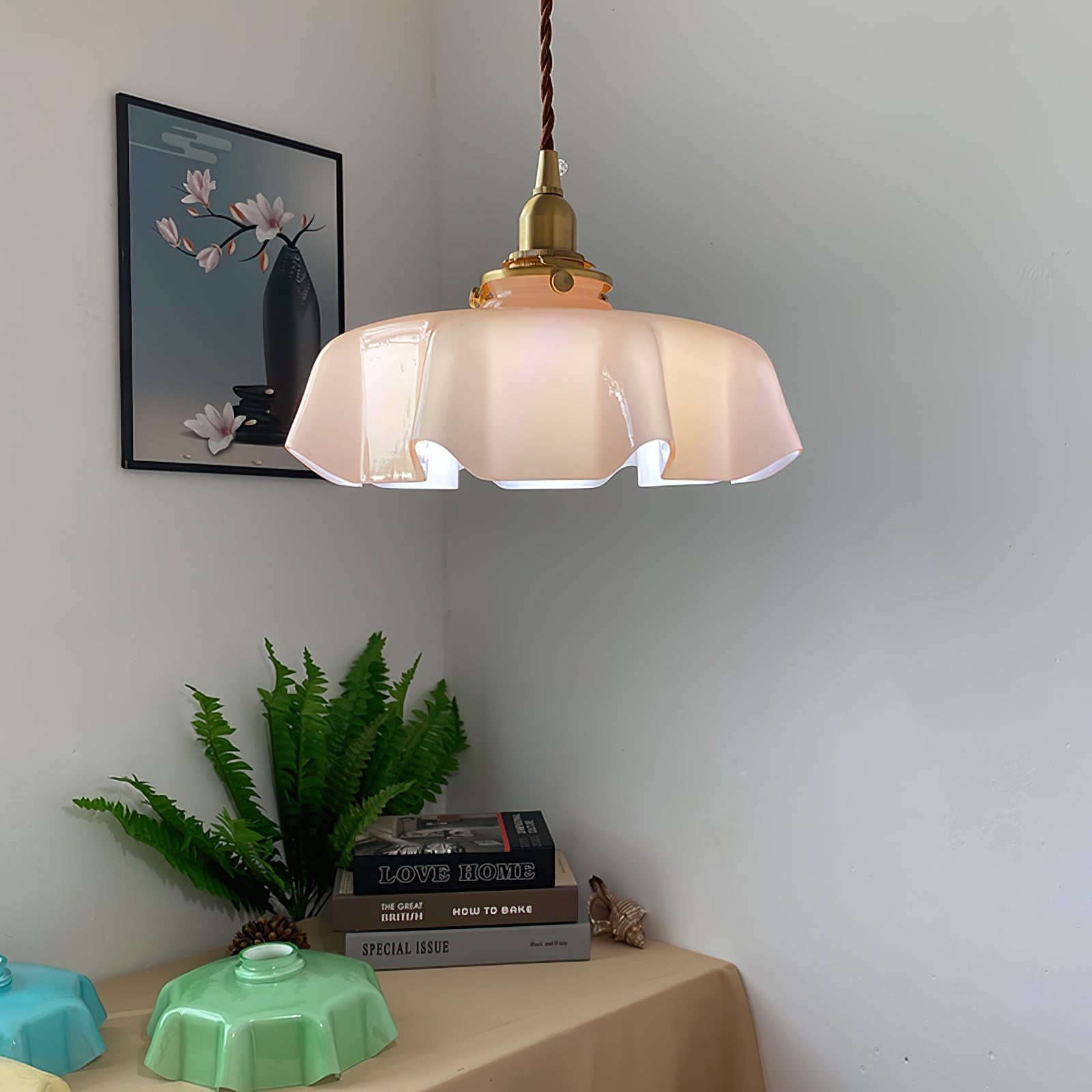 French Flower Pendant Light, Pleated Glass Shade, Brass, E27