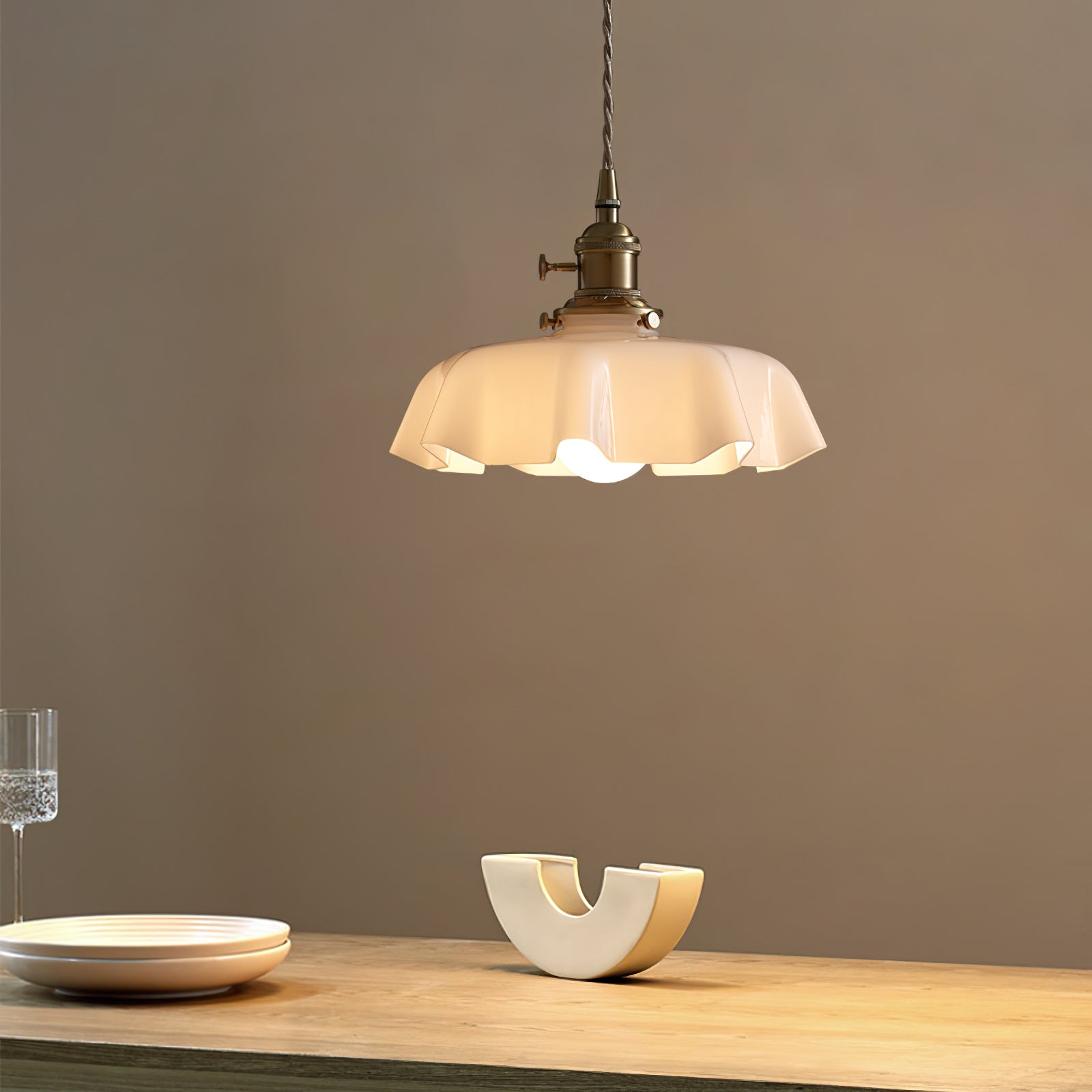 French Flower pendant light with bloom shaped pleated glass shade