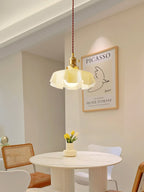 French Flower Pendant Light, Pleated Glass Shade, Brass, E27