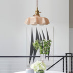 French Flower Pendant Light, Pleated Glass Shade, Brass, E27