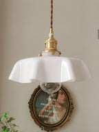 French Flower Pendant Light, Pleated Glass Shade, Brass, E27