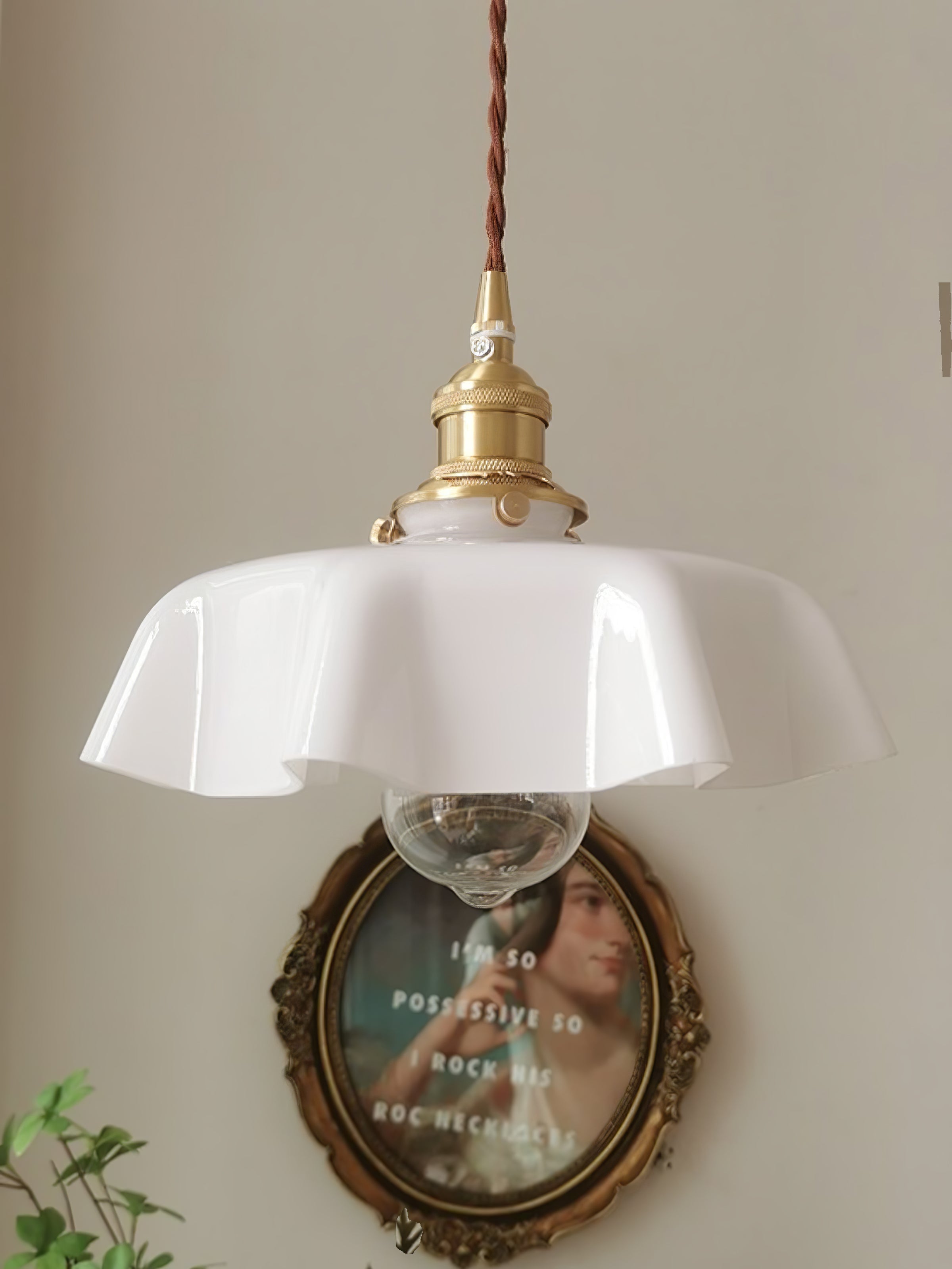 French Flower Pendant Light, Pleated Glass Shade, Brass, E27