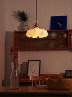French Flower Pendant Light, Pleated Glass Shade, Brass, E27