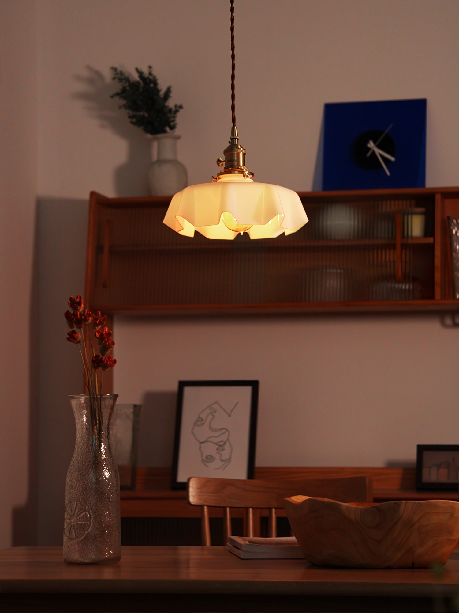 French Flower Pendant Light, Pleated Glass Shade, Brass, E27