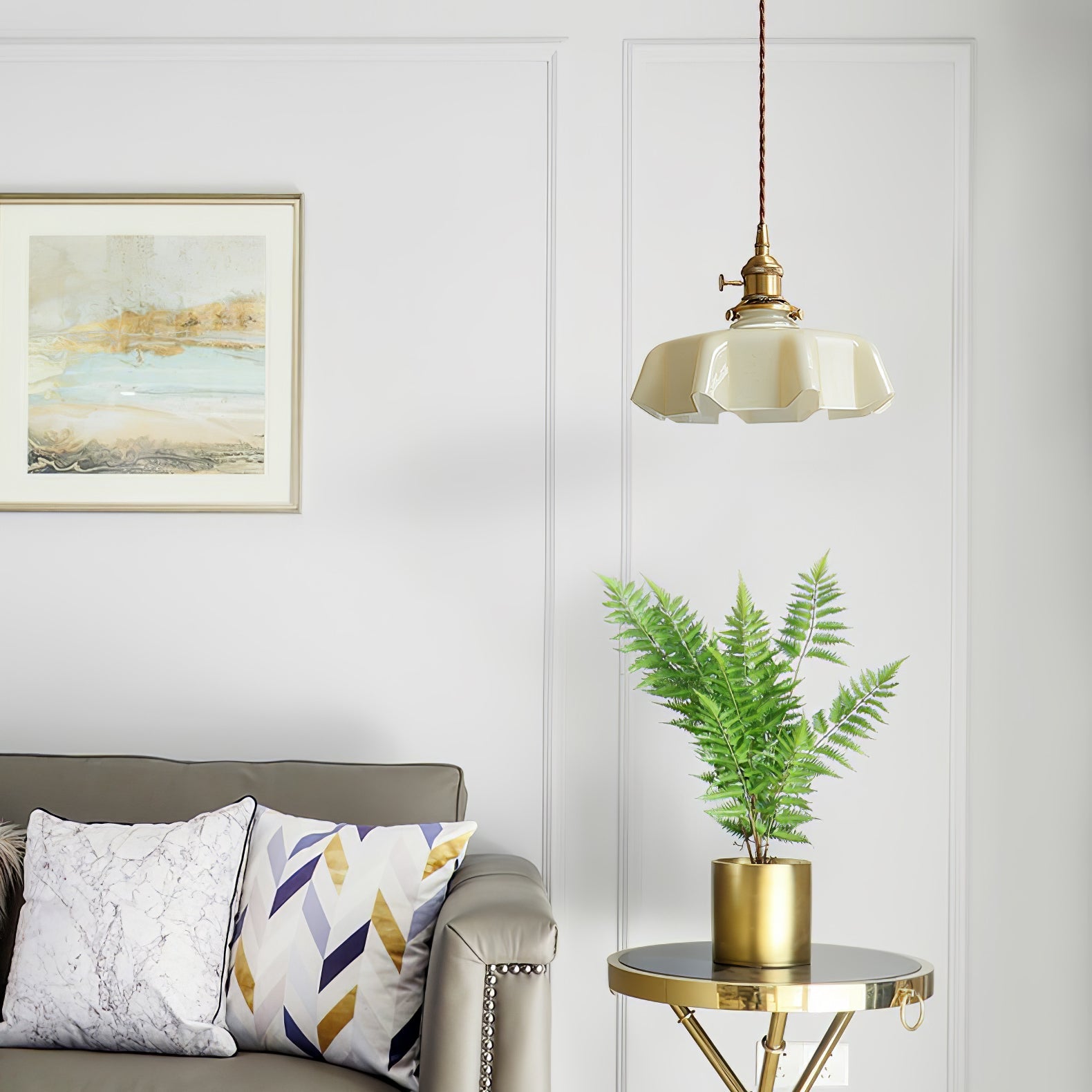 French Flower Pendant Light, Pleated Glass Shade, Brass, E27