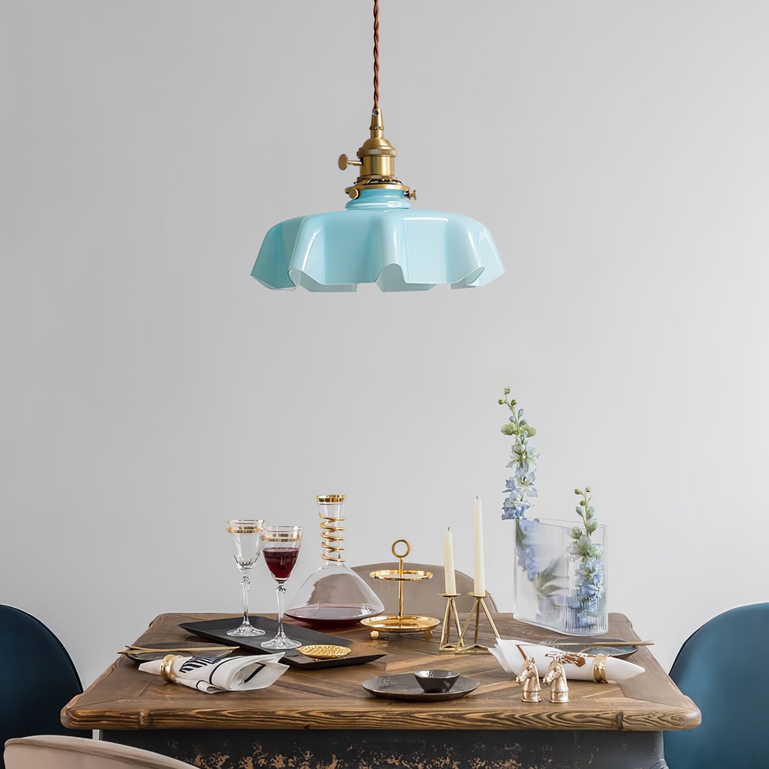 French Flower Pendant Light, Pleated Glass Shade, Brass, E27