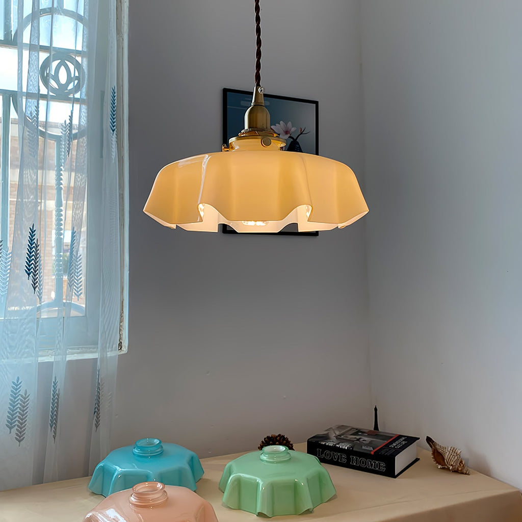 French Flower Pendant Light, Pleated Glass Shade, Brass, E27