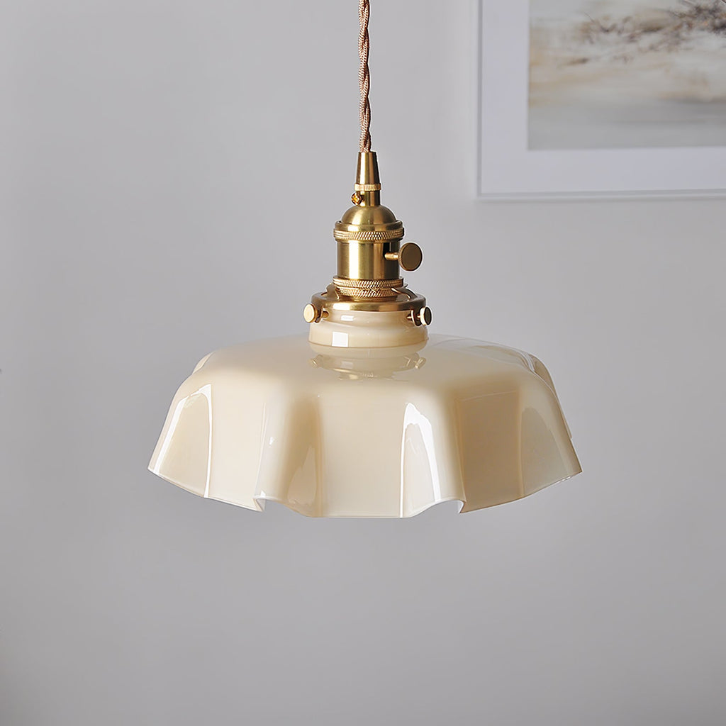 French Flower Pendant Light, Pleated Glass Shade, Brass, E27