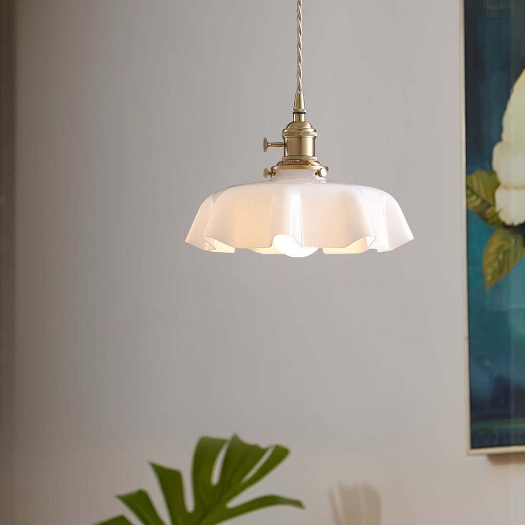 French Flower Pendant Light, Pleated Glass Shade, Brass, E27