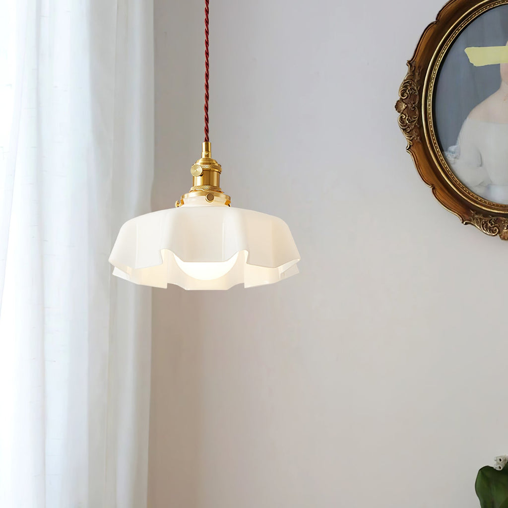 French Flower Pendant Light, Pleated Glass Shade, Brass, E27