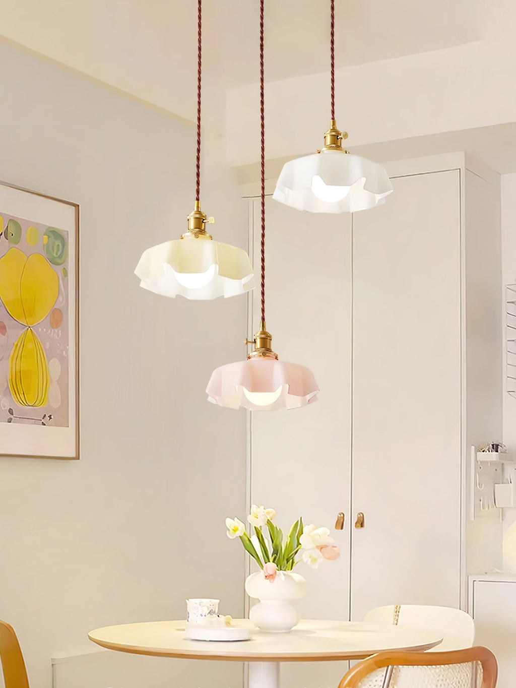 French Flower Pendant Light, Pleated Glass Shade, Brass, E27