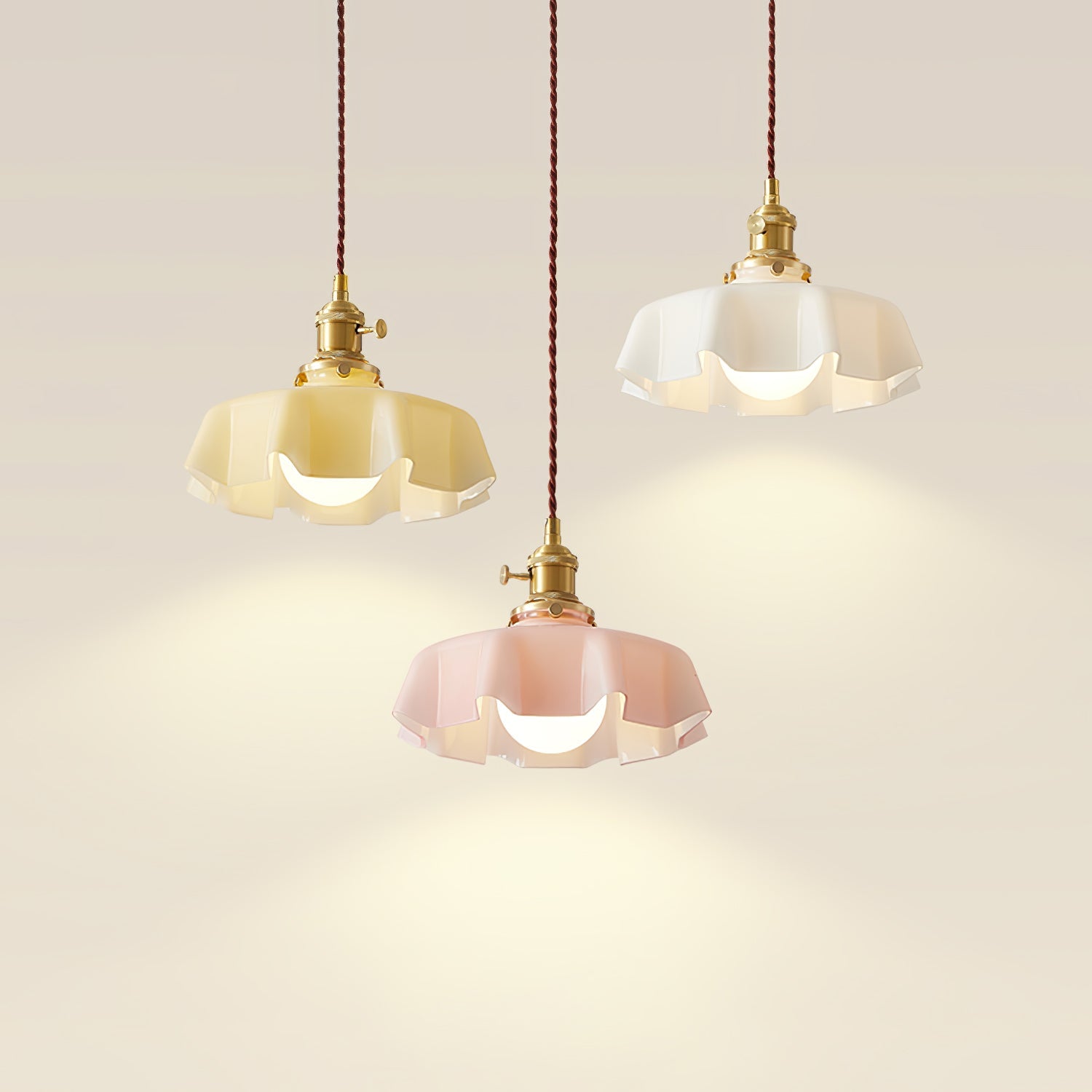 French Flower Pendant Light, Pleated Glass Shade, Brass, E27