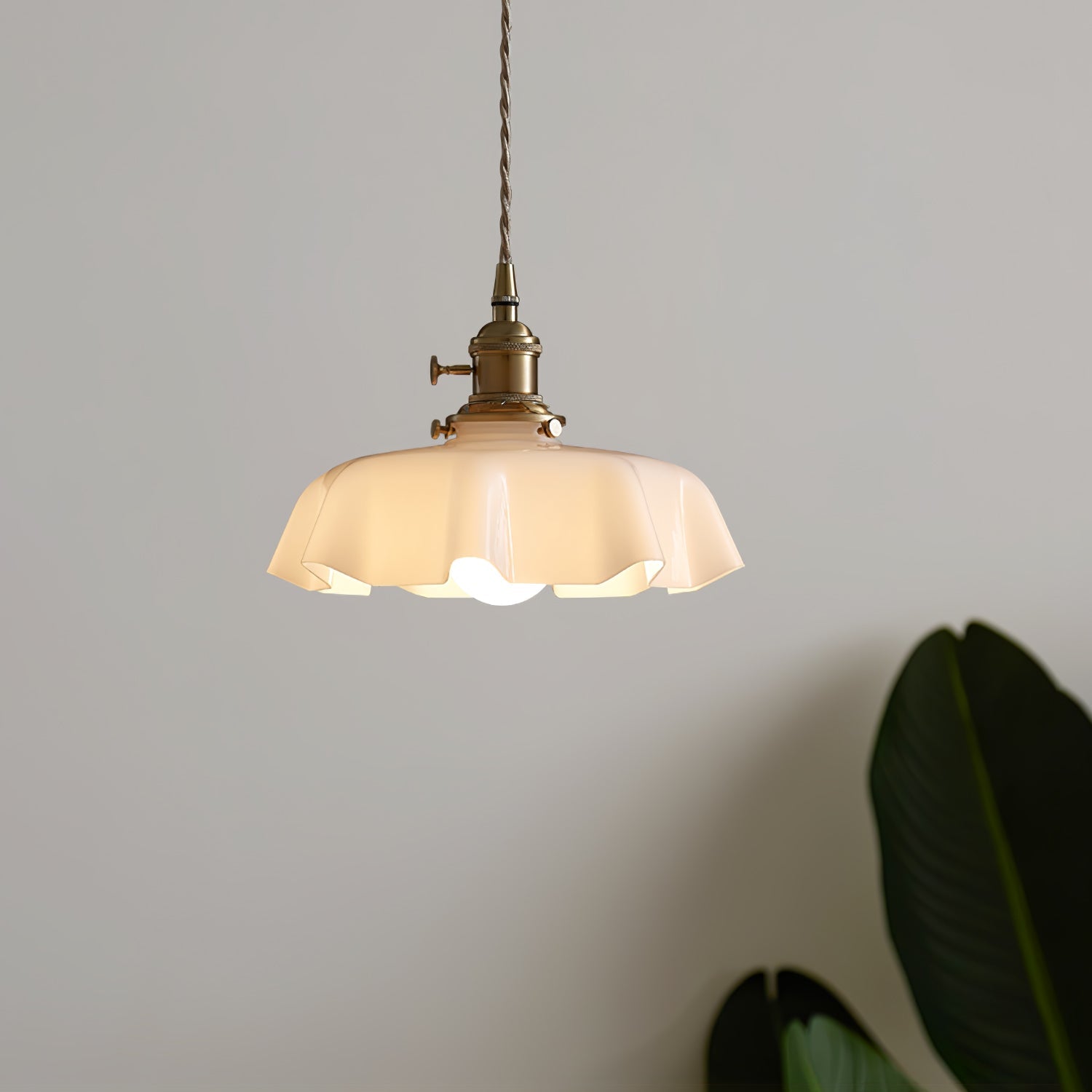 French Flower Pendant Light, Pleated Glass Shade, Brass, E27