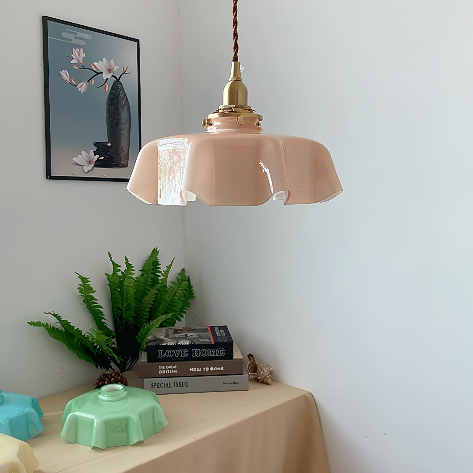 French Flower Pendant Light, Pleated Glass Shade, Brass, E27
