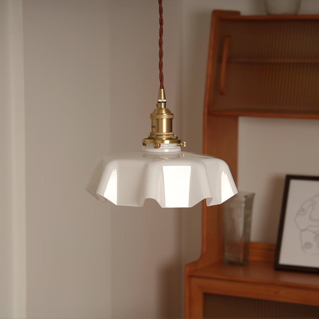 French Flower Pendant Light, Pleated Glass Shade, Brass, E27