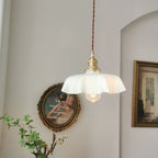 French Flower Pendant Light, Pleated Glass Shade, Brass, E27