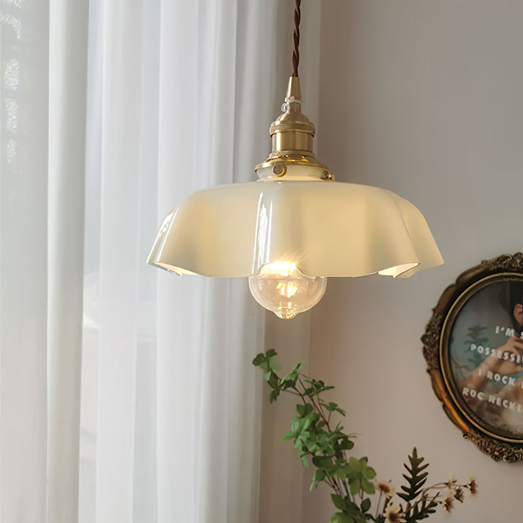 French Flower Pendant Light, Pleated Glass Shade, Brass, E27