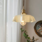 French Flower Pendant Light, Pleated Glass Shade, Brass, E27