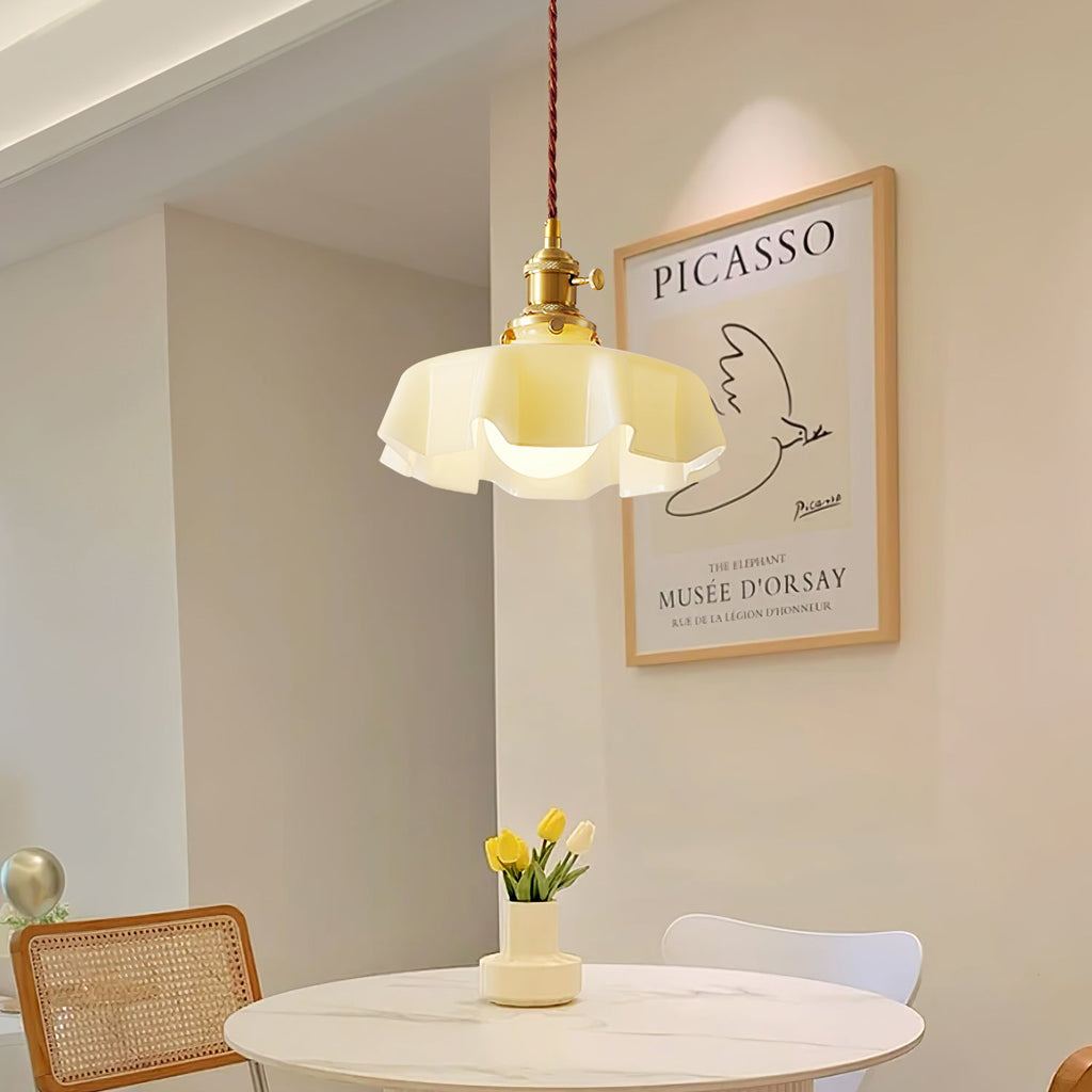 French Flower Pendant Light, Pleated Glass Shade, Brass, E27