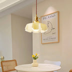 French Flower Pendant Light, Pleated Glass Shade, Brass, E27