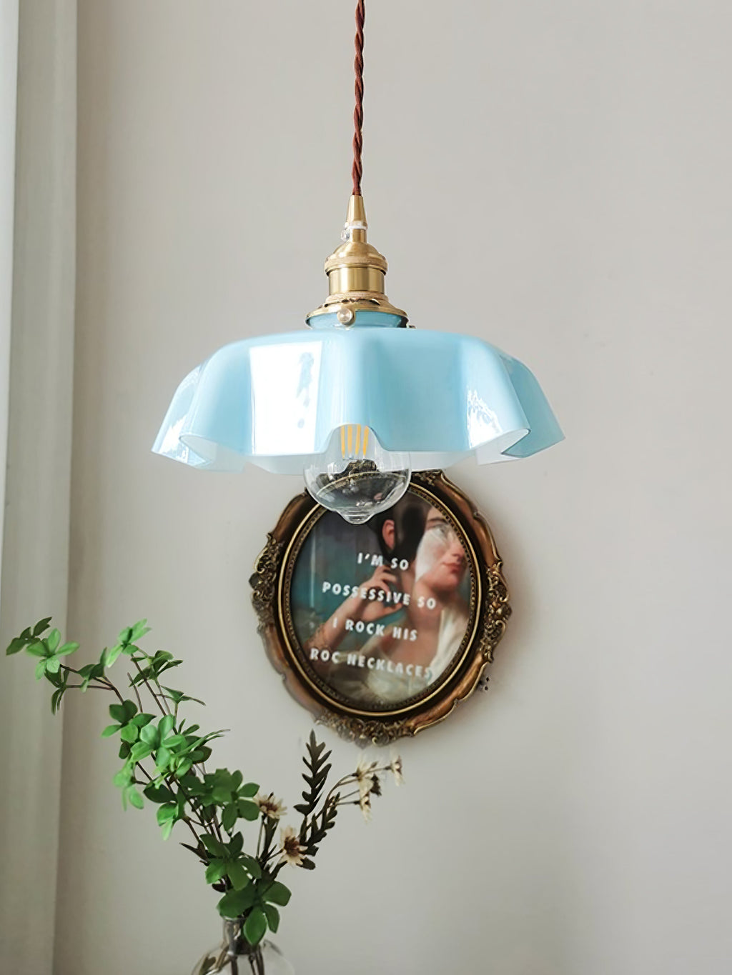 French Flower Pendant Light, Pleated Glass Shade, Brass, E27